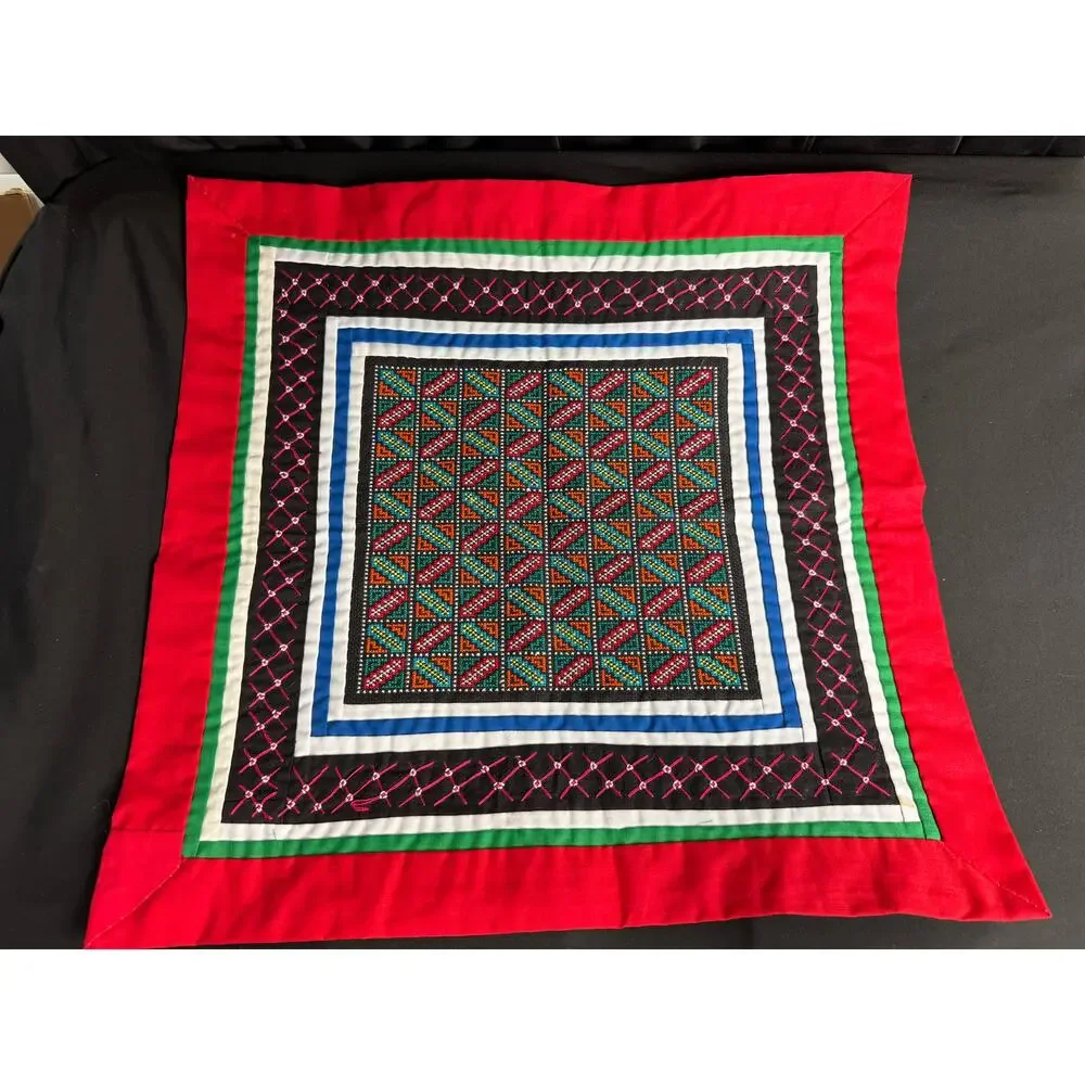 Pair Vintage Hmong Pa Dau Embroidery Textile Wall Art Centerpieces Hand Stitched
